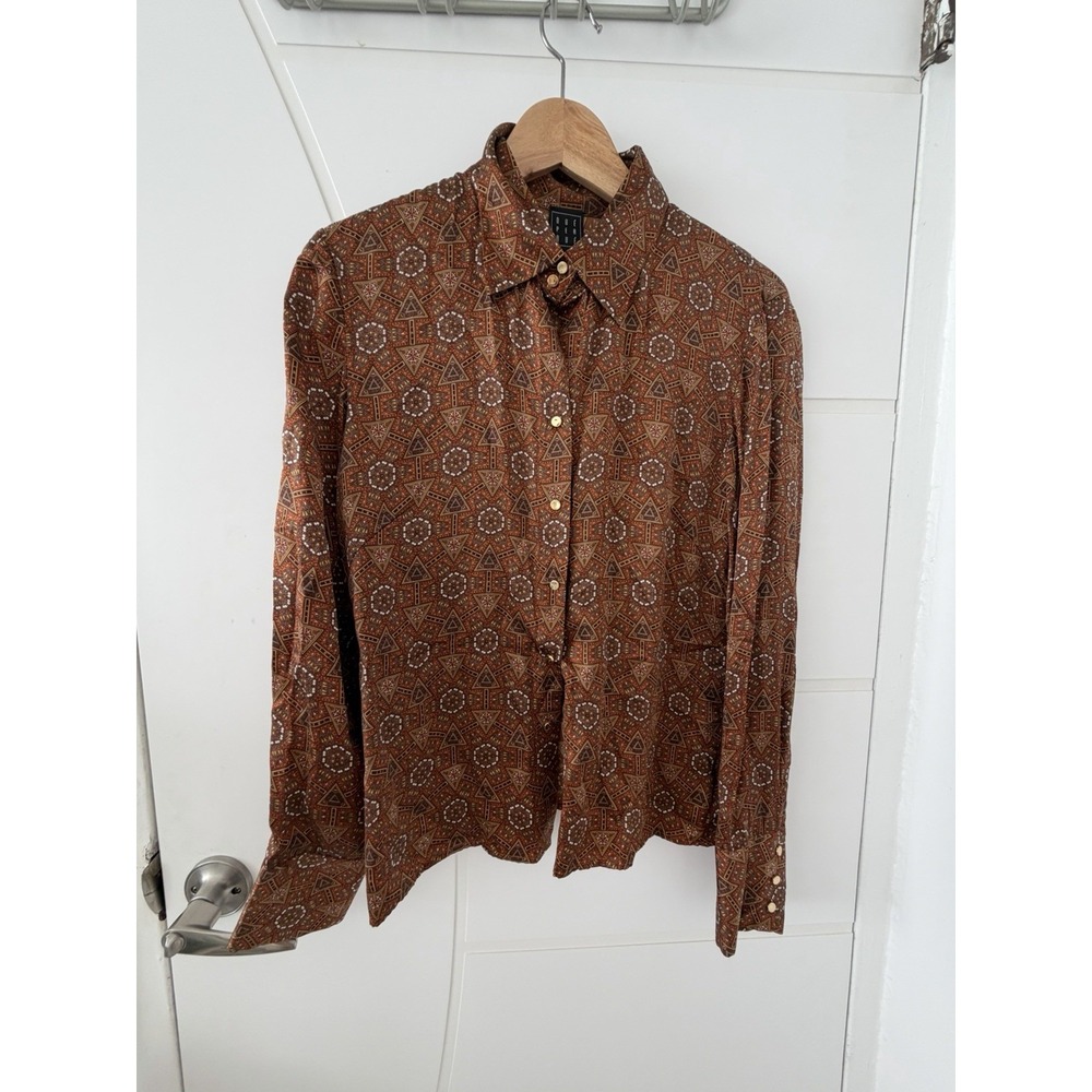 Due Per Due Collection Silk Blouse Womens Size 16 Brown Abstract Button Front...